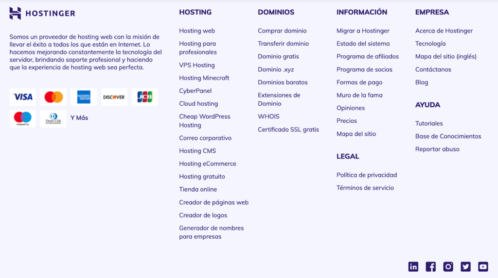 Pie de p&aacute;gina de la web de Hostinger