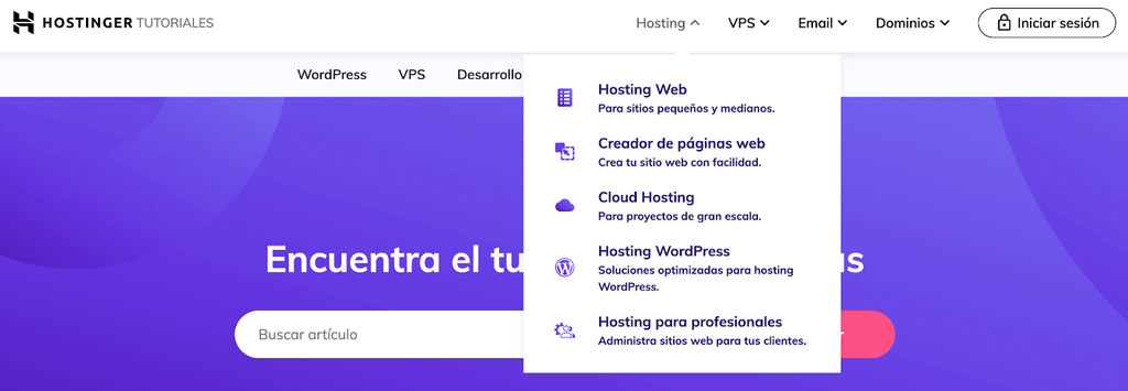 Men&uacute; desplegable de la web de Hostinger