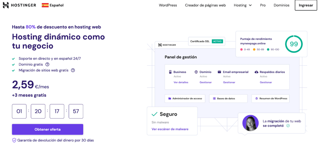 P&aacute;gina de Hosting web de Hostinger