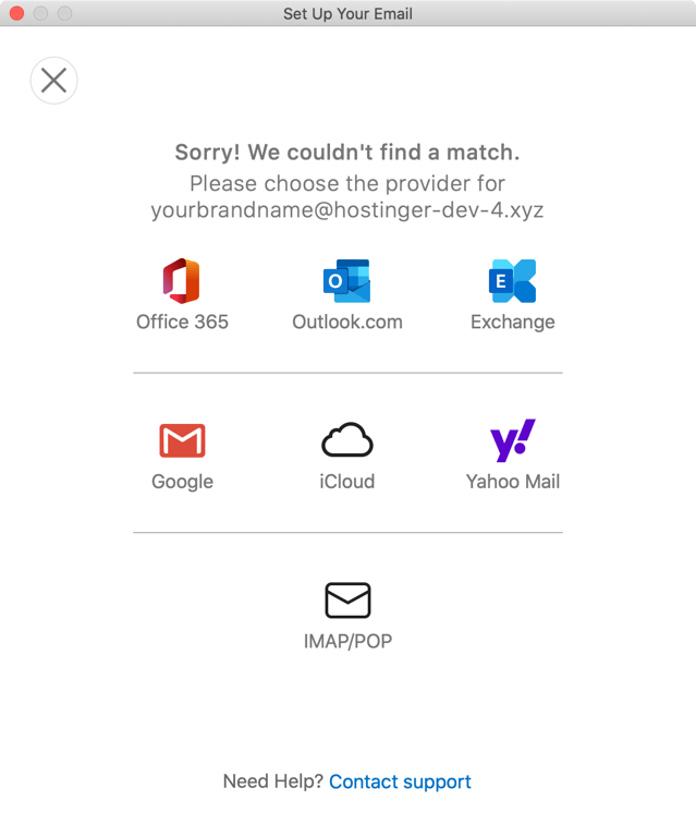 Elegir la opción IMAP/POP durante el proceso de configuración del correo electrónico en Outlook en macOS