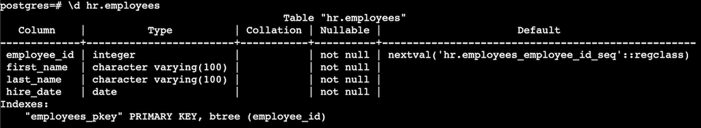 Ejemplo de uso de dt schema-name.table
