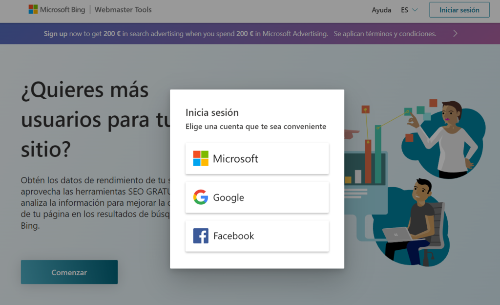 Interfaz de inicio de sesión en Bing