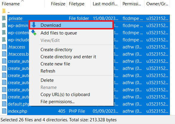 Opción Descargar en el sitio Remoto de FileZilla