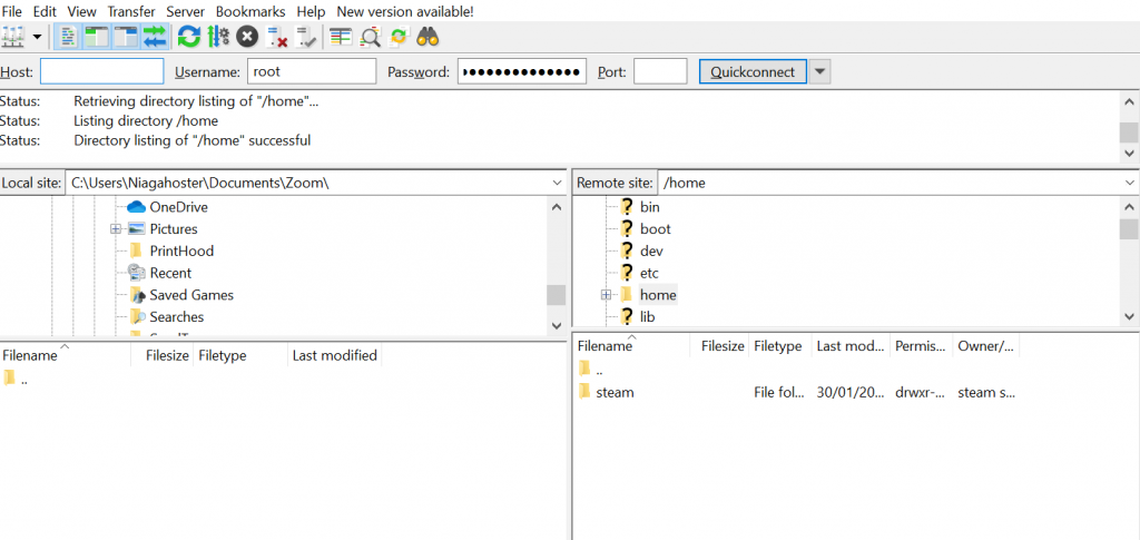 Interfaz de usuario de FileZilla
