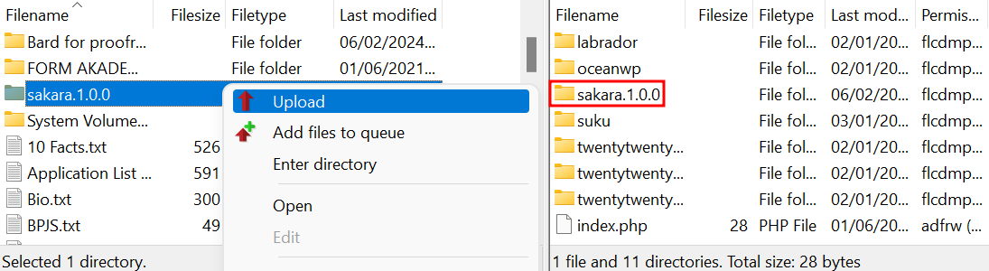 Sakara subido al subdirectorio themes de FilleZilla