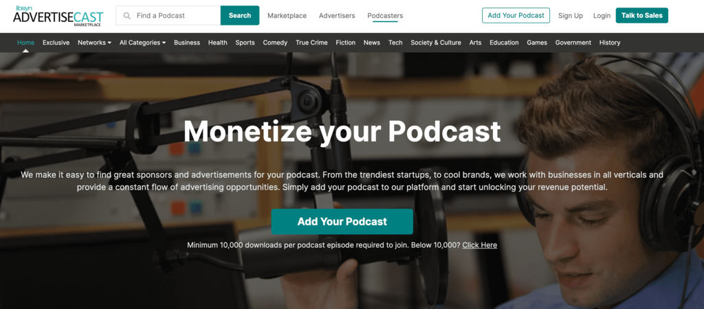 P&aacute;gina de inicio de AdvertiseCast, una red de publicidad de podcasts