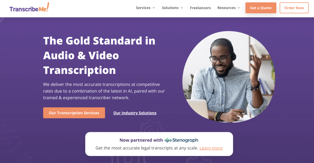 P&aacute;gina de inicio de Transcribeme, un sitio web para trabajos de transcripci&oacute;n