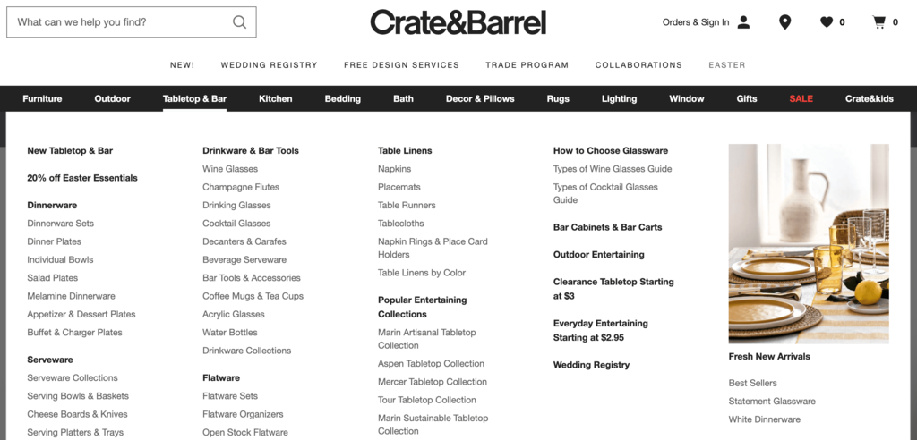 Menú de Crate & Barrel