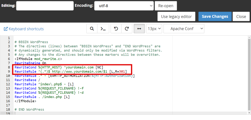 Edición de línea rewriteengine on en cPanel