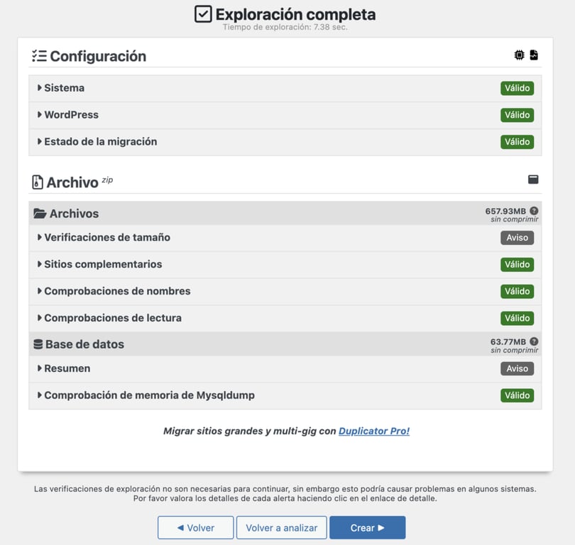 Reporte de Duplicator en WP