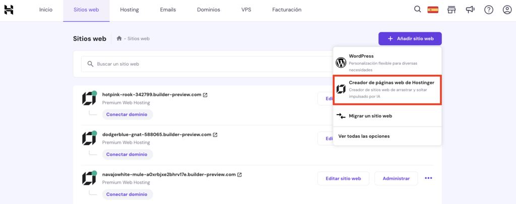 Creador de p&aacute;ginas web de Hostinger