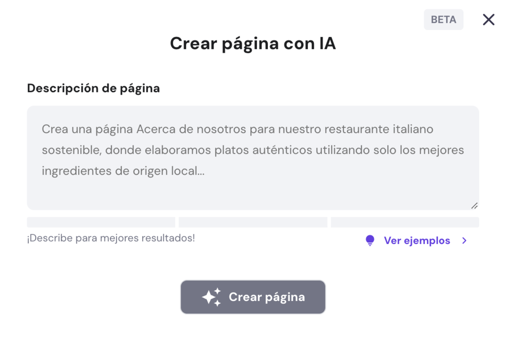 Secci&oacute;n para crear p&aacute;gina con IA del Creador de Hostinger