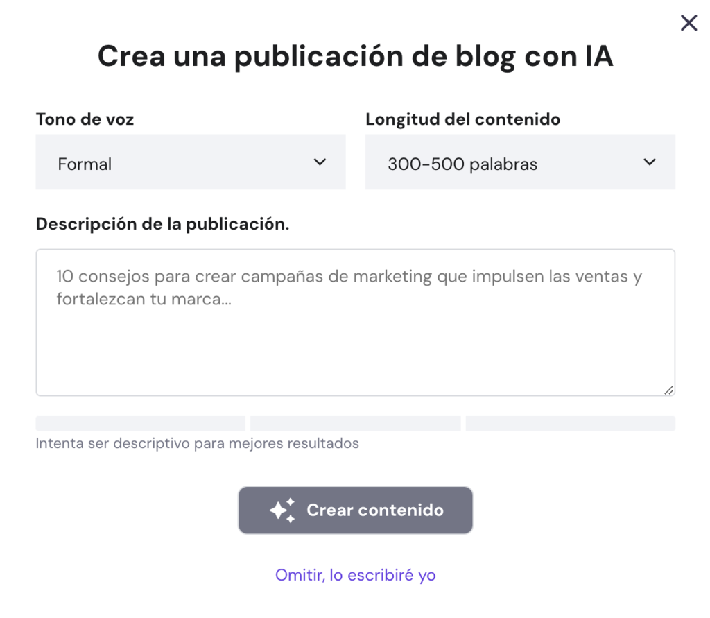 Secci&oacute;n para crear un post con IA del Creador de Hostinger