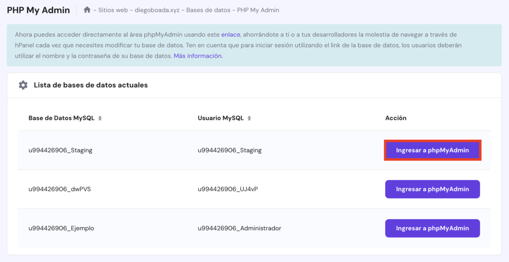 Sección de PHP My Admin de hPanel