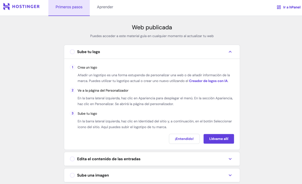 Secci&oacute;n de primeros pasos de WordPress