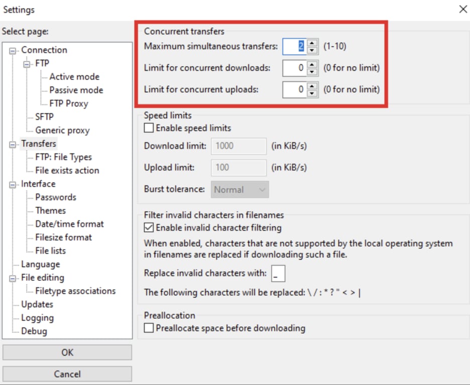 Sección de Transferencias simultáneas de FileZilla