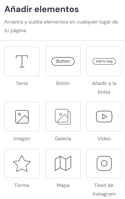 Secci&oacute;n para a&ntilde;adir elementos en el Creador de Hostinger