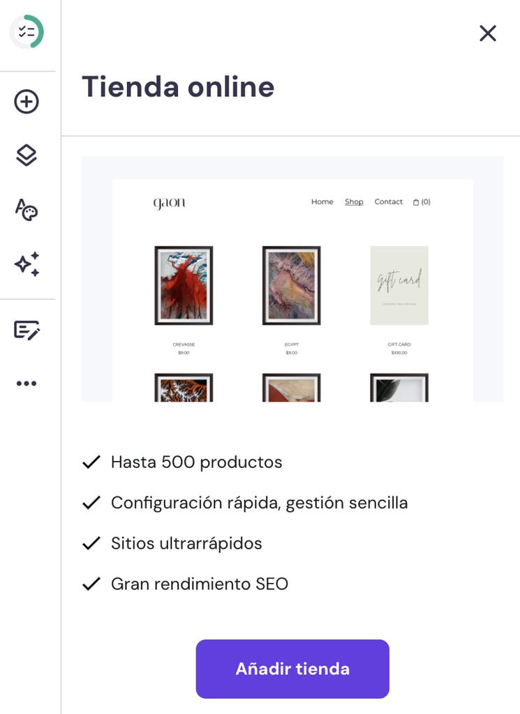 Secci&oacute;n de tienda online del Creador de Hostinger