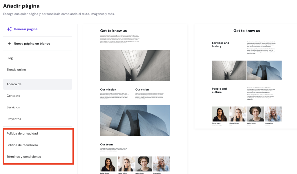 A&ntilde;adir p&aacute;gina web en el Creador de Hostinger