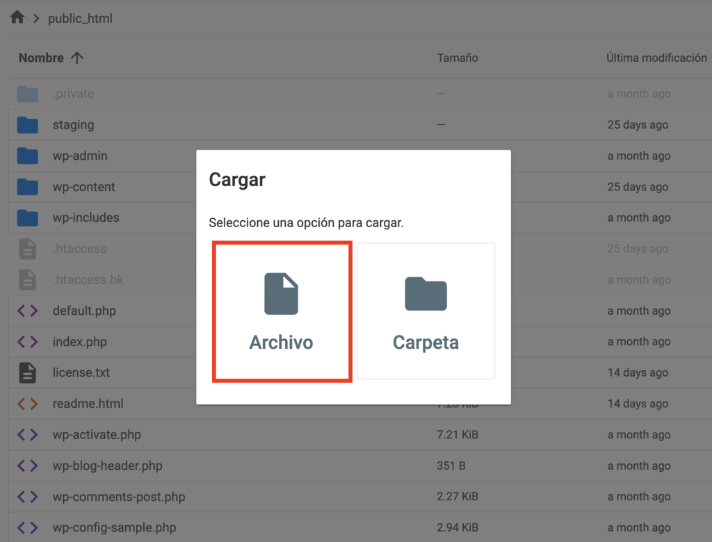 Opción para subir un archivo a public_html en hPanel