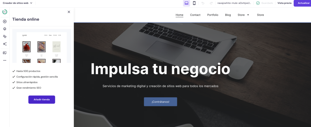 Opci&oacute;n de Tienda online del Creador web de Hostinger