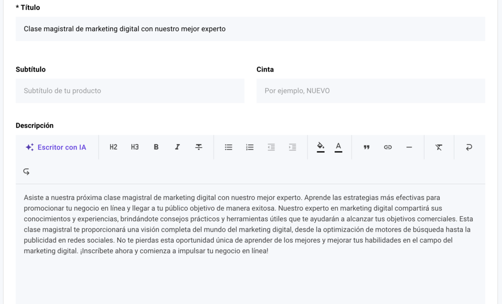 Descripci&oacute;n de la reserva en el Creador web de Hostinger