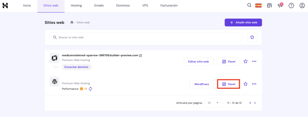 Sección de Sitios web de hPanel