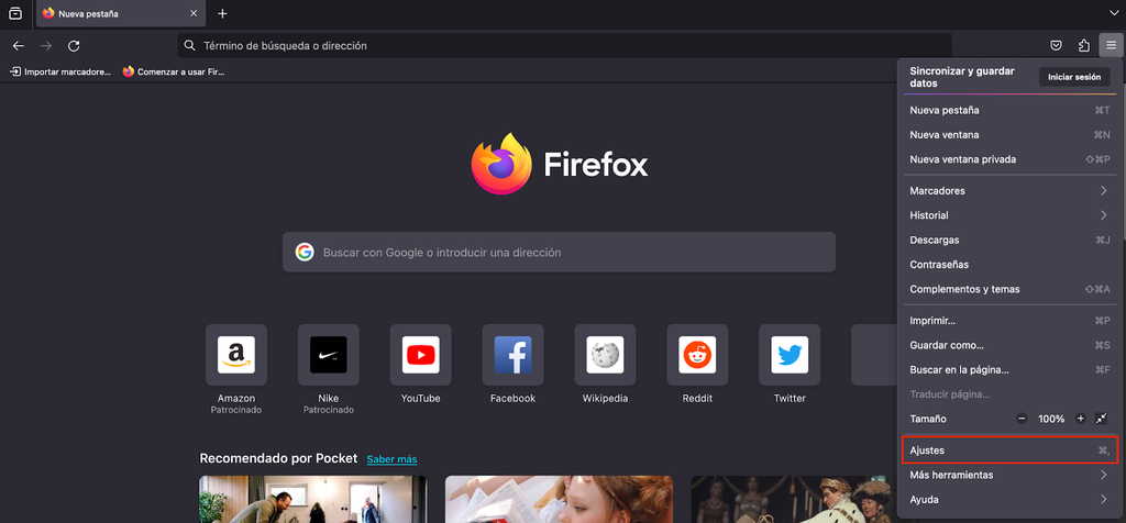 Opci&oacute;n de Ajustes de Mozilla Firefox