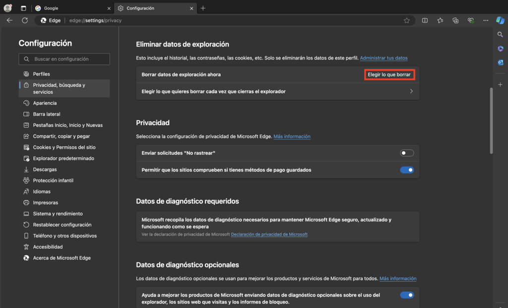 Ajustes de privacidad de Edge 