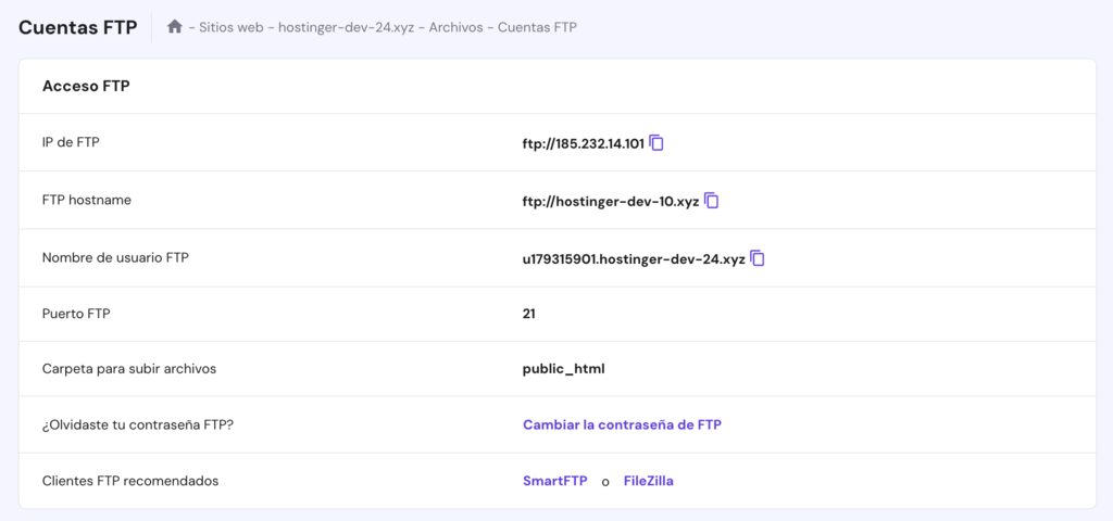 Secci&oacute;n Cuentas FTP de hPanel