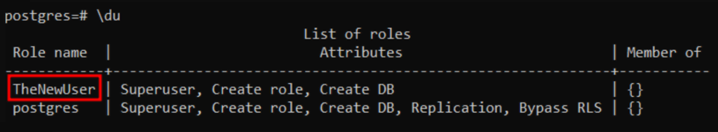 Creación exitosa de usuario en una base de datos PostgreSQL