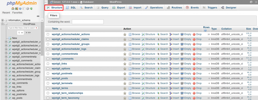 Sección de Estructura de phpMyAdmin