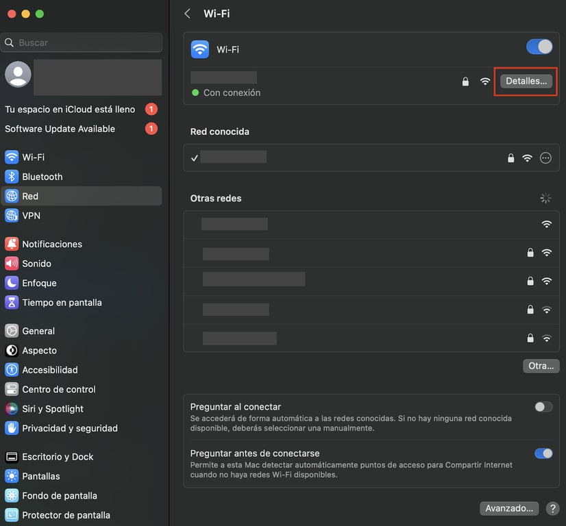 Preferencias del wifi en macOS