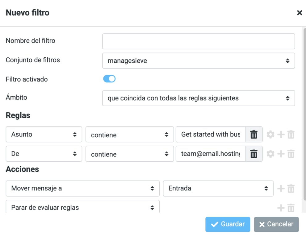Ajustes del nuevo filtro del correo de Hostinger