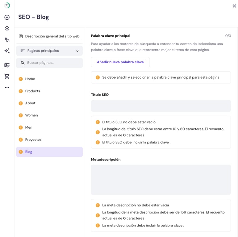 Sección de ajustes SEO del Creador de sitios web de Hostinger
