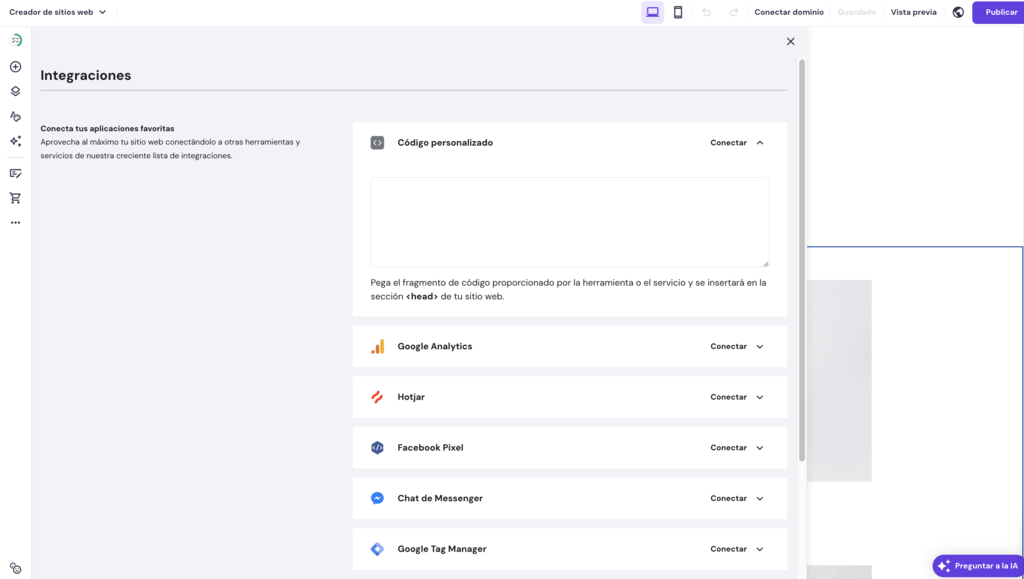 Integraciones del Creador de sitios web de Hostinger