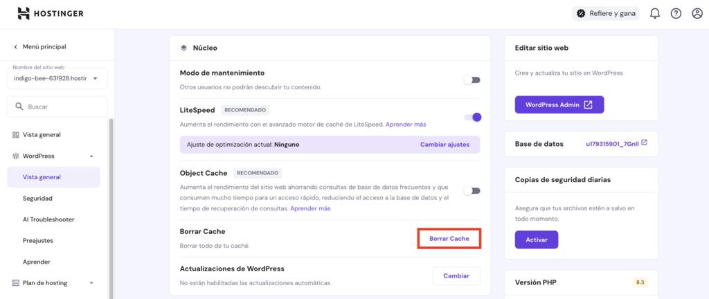 Opci&oacute;n de borrar cach&eacute; en hPanel