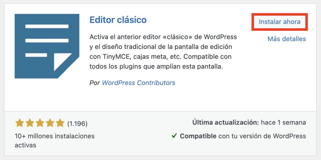 Plugin Editor cl&aacute;sico de WP
