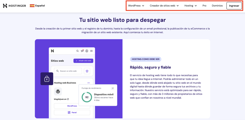 Men&uacute; de navegaci&oacute;n de Hostinger