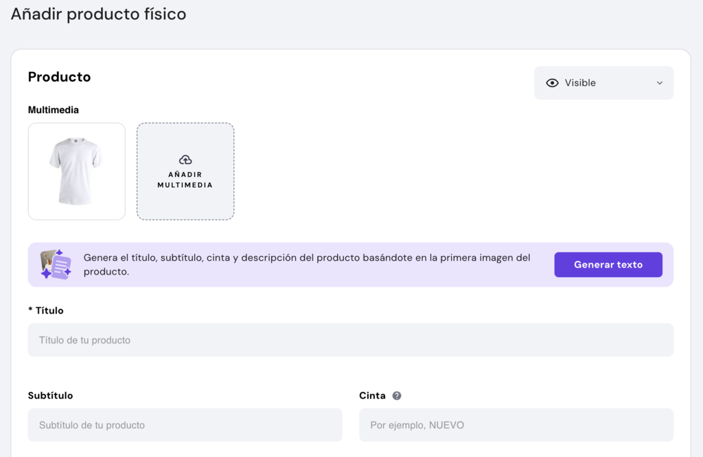 Secci&oacute;n para a&ntilde;adir productos en el Creador de Hostinger