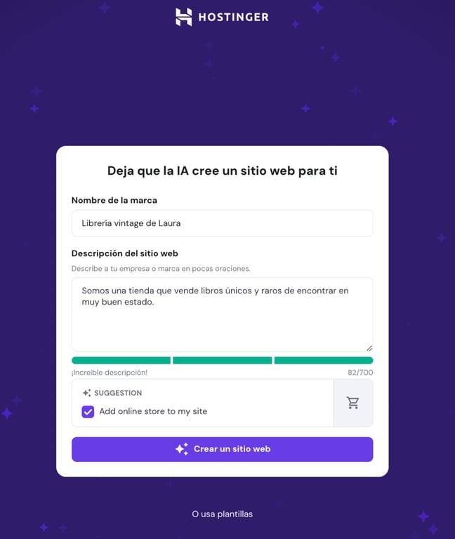 Asistente de creaci&oacute;n web con IA de Hostinger