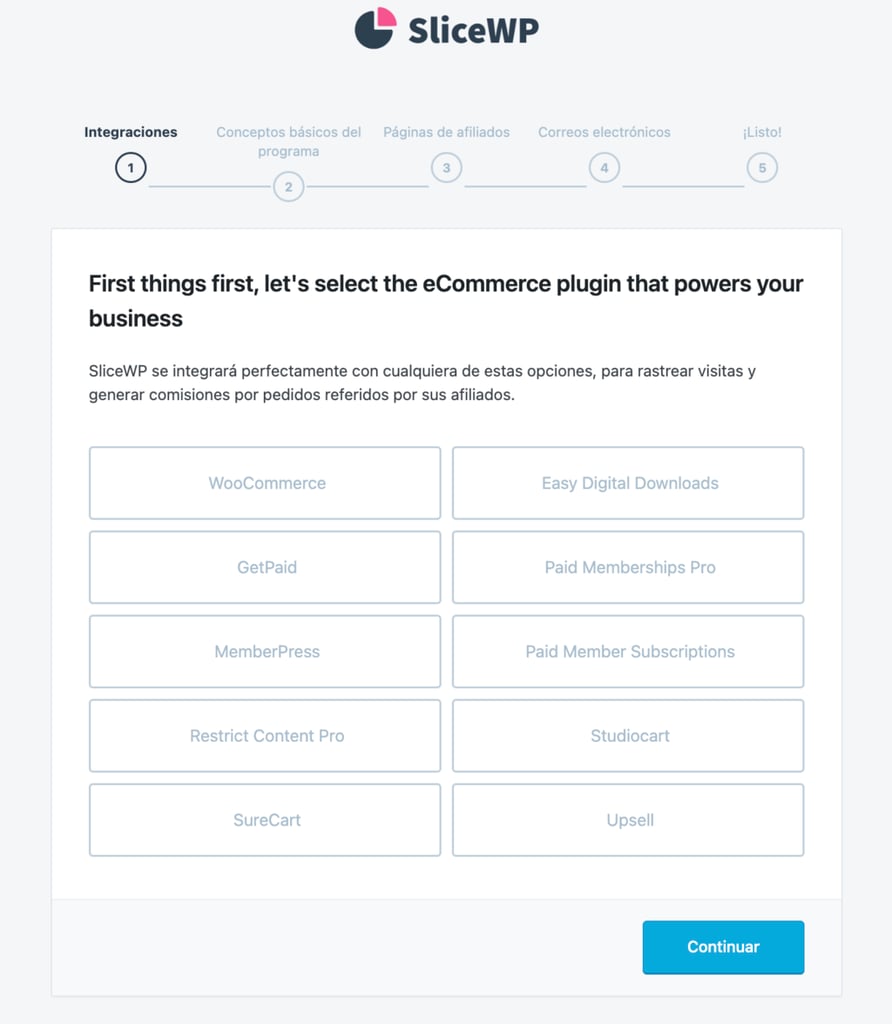 La página de selección de ecommerce en el asistente de configuración inicial de SliceWP