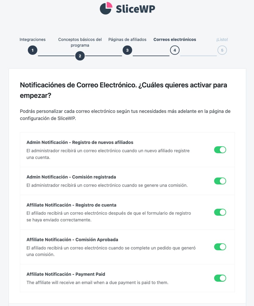 La página de ajustes de notificaciones por email en el asistente de configuración inicial de SliceWP