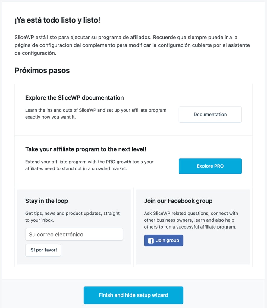 La página final del asistente de configuración inicial de SliceWP