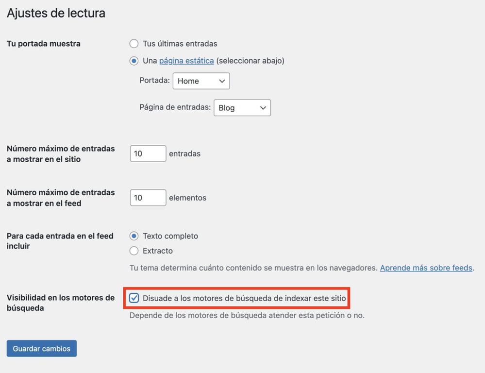 Ajustes de lectura de WordPress