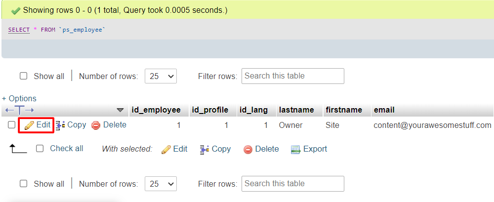 Sección para editar en phpMyAdmin