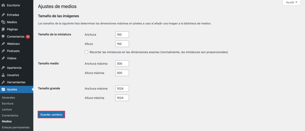 Ajustes del tamaño de imágenes en el tablero de WordPress.