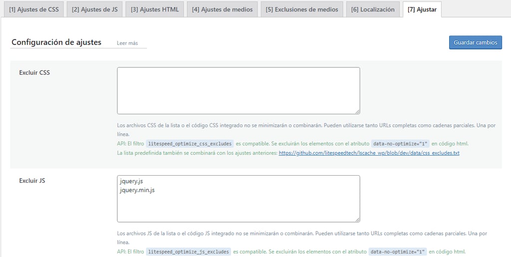 Página de configuración de ajustes