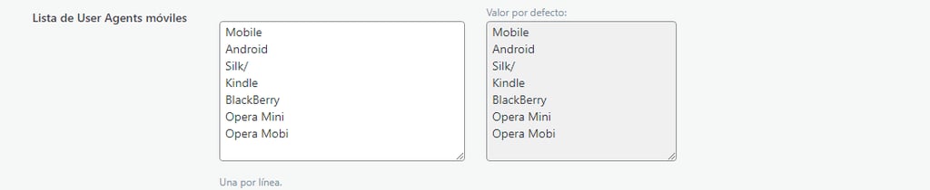 Página de configuración de Caché de LiteSpeed, sección Lista user agents móviles