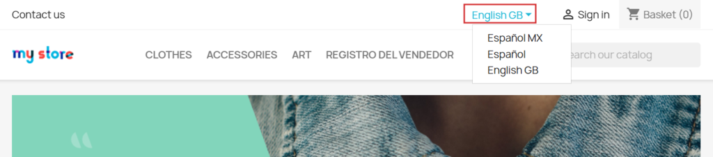 Sección para cambiar idiomas en un sitio web de PrestaShop